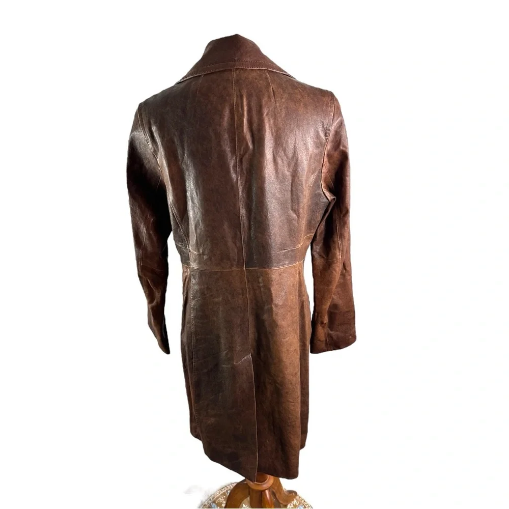 Michael Kors Brown Distressed Leather Long Western Style Button Jacket Size M